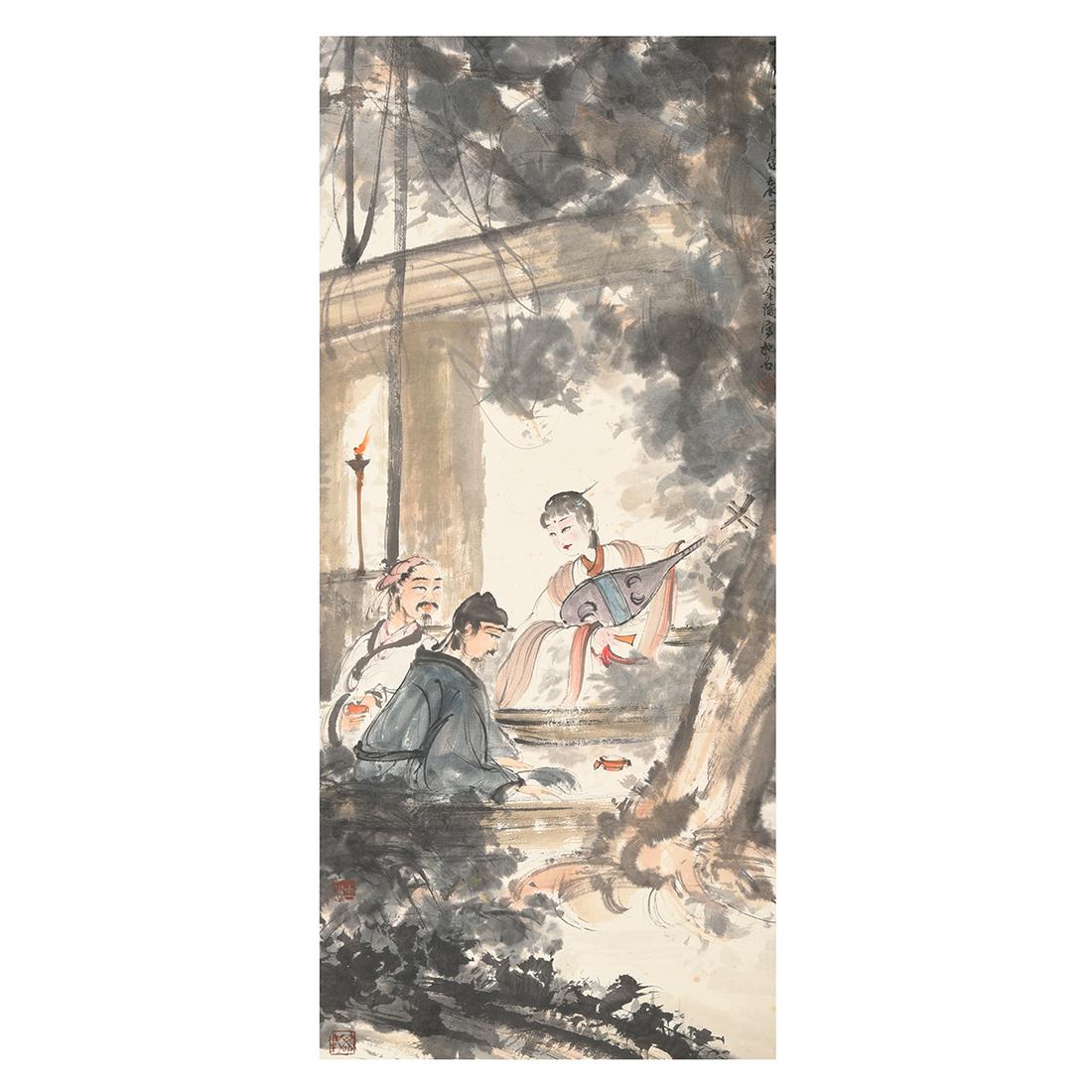 Attributed to Fu Baoshi (1904-1965): Figural Landscape.: Attributed to Fu Baoshi (1904-1965): Figural Landscape. Hanging scroll, ink and color on paper, dated, inscribed, signed with three seals. {38 x 15 1/2 inches}. [Foxing, creasing].