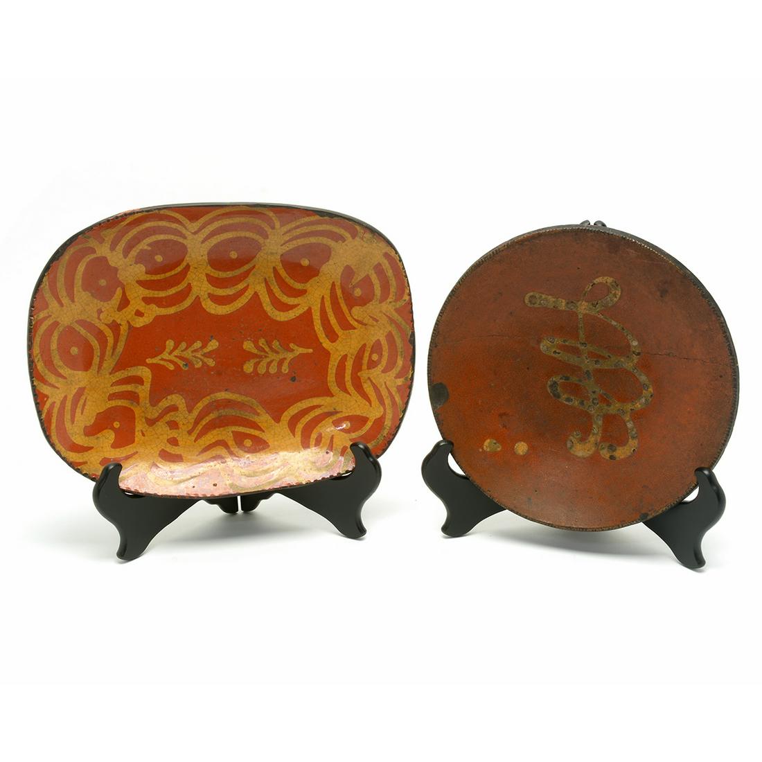 19th Century Slip Decorated Redware Coggled Loaf Dish, (1 of 2)