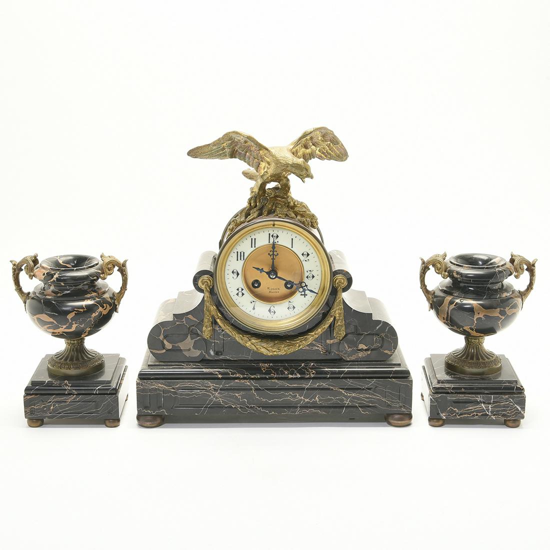 Three Piece Samuel Marti Gilt Bronze and Marble Clock (1 of 2)
