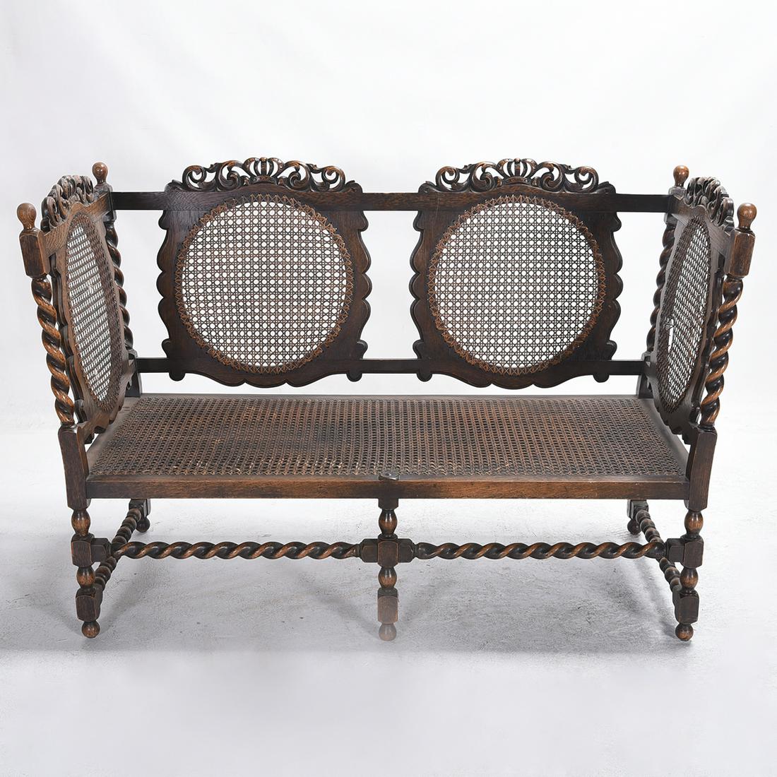 Louis XVI Style Carved Oak and Cane Settee. (1 of 2)