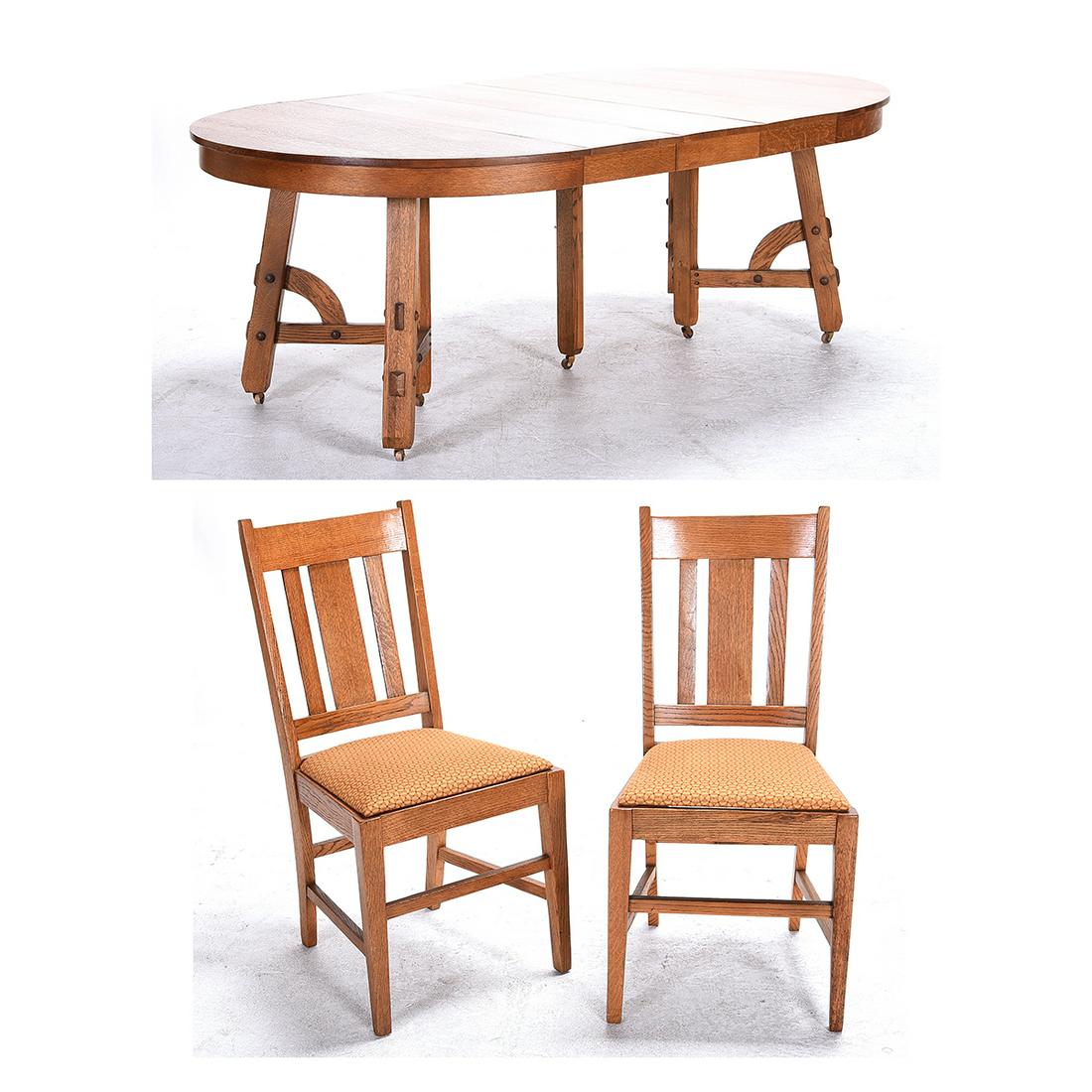 Mission Style Oak Dining Table with Six Chairs.: Mission Style Oak Dining Table with Six Chairs. Comprising a round dining table on casters with three leaves, six slat-back side chairs with rust on gold pattern upholstered seats. {Approximate dimens