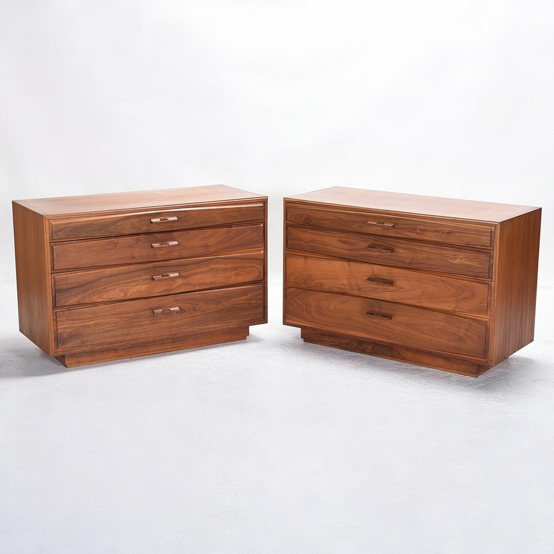 Mid-Century Modern John Kapel Walnut Dresser Pair.: Mid-Century Modern John Kapel Walnut Dresser Pair. Each with four graduated drawers; the drawers with shaped edges. 'John A. Kapel / Designer' wood burned marks to top drawer interiors. California. {A