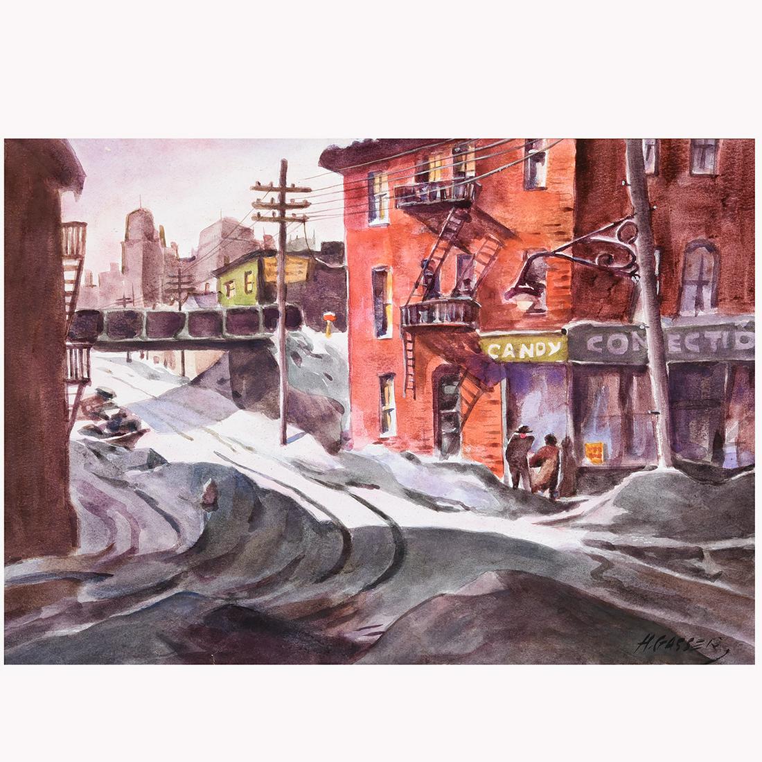 Henry Gasser "City Street Corner, Winter" watercolor (1 of 5)