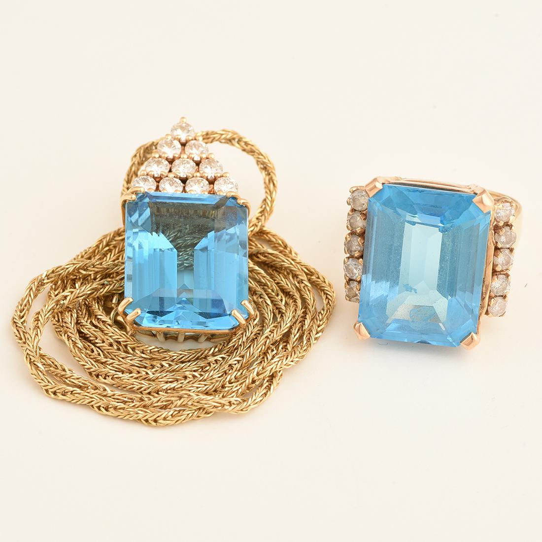 Blue Topaz, Diamond, 14k Yellow Gold Jewelry Suite. (1 of 2)