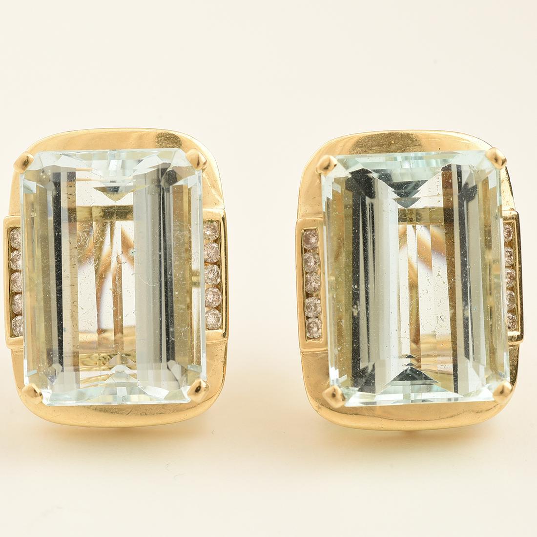Pair of Aquamarine, Diamond, 14k Yellow Gold Ear Clips. (1 of 2)