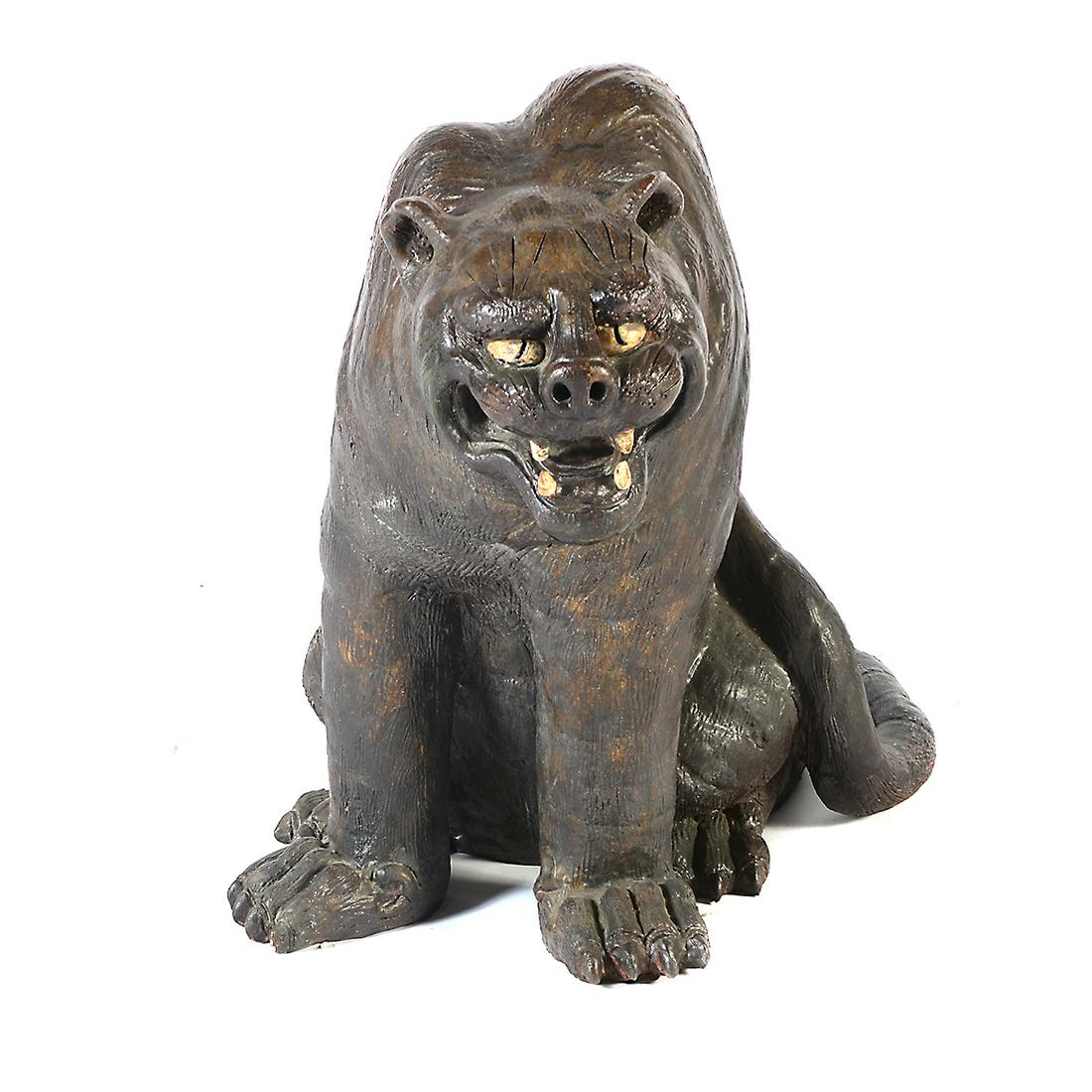 Japanese Bizen Ware Brown Glazed Tiger.: Japanese Bizen Ware Pottery Tiger Sculpture. Realistically modeled prowling and roaring tiger, dark brown glazed body with painted eyes, attributed to the 19th-century Bizen kiln in Japan. Meiji Perio
