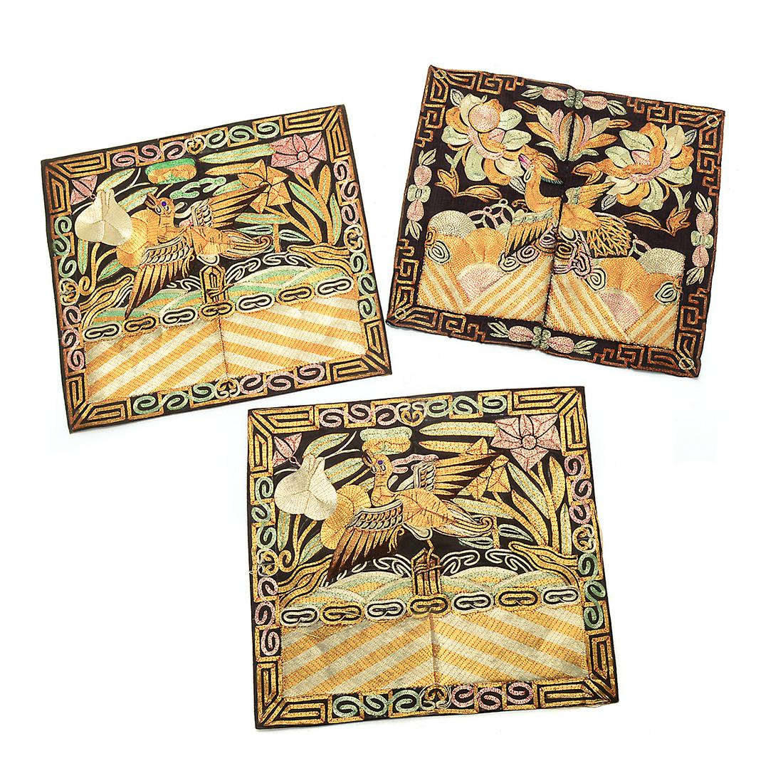 Three Gold Thread Rank Badges.: Three Gold Thread Rank Badges. Comprising a pair of civil rank wild goose badges and a civil rank gold pheasant badge. {Height x width of largest: 9 1/8 x 9 3/4 inches (23.2 x 24.8 cm)}.