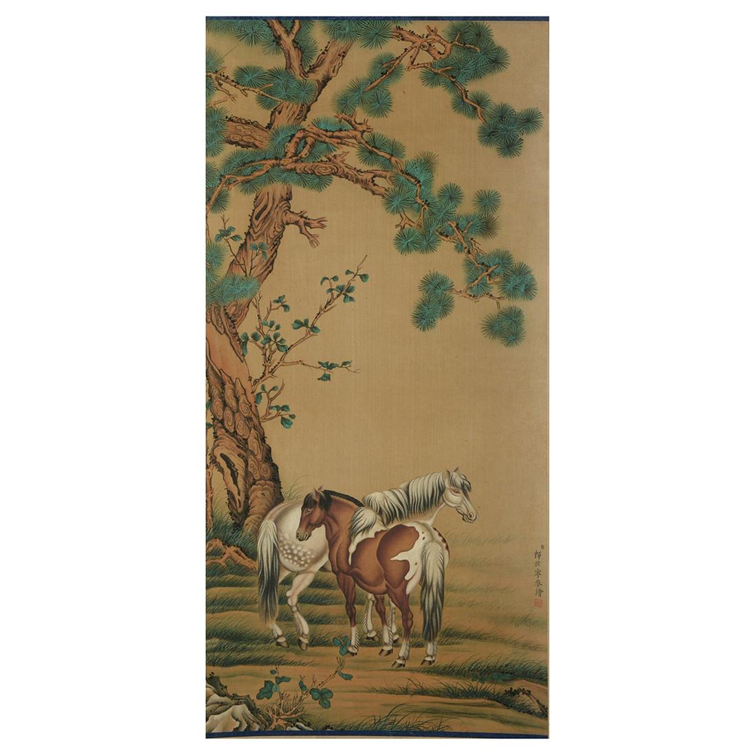 After Giuseppe Castiglione: Horses Under Pine: After Giuseppe Castiglione (1688-1766): Horses Under Pine. Hanging scroll, ink and color on silk, signed with one seal. {Height x width of image: 15 3/4 x 32 3/4 inches (40 x 83.2 cm)}.