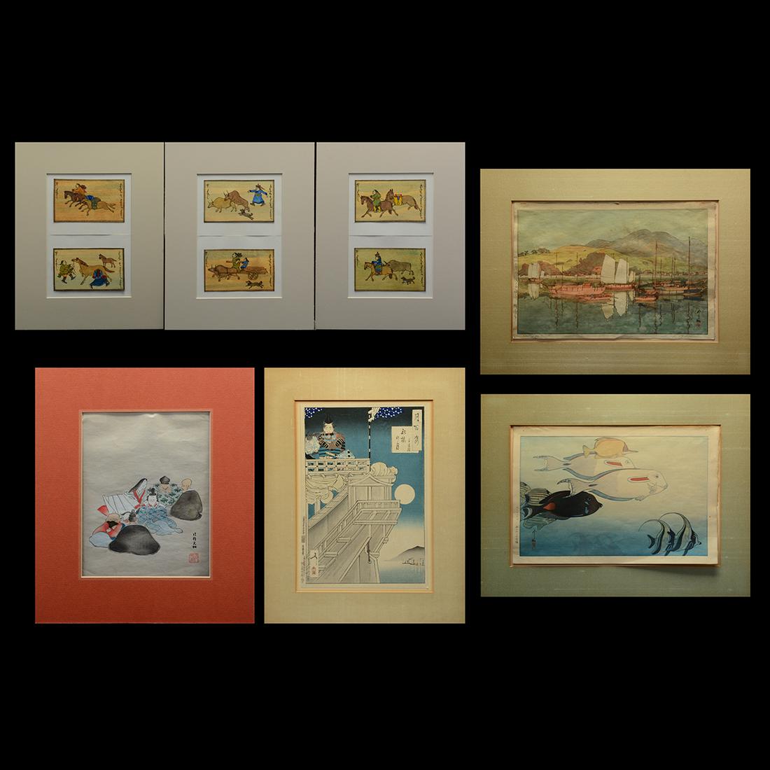Group of Four Japanese Woodblock Prints and Three: Group of Four Japanese Woodblock Prints and Three Mongolian Prints. Comprising an oban yoko-e attributed to Hiroshi Yoshida (1876-1950), entitled Waiting for the Tide, 1930, signed, with a Jizuri seal
