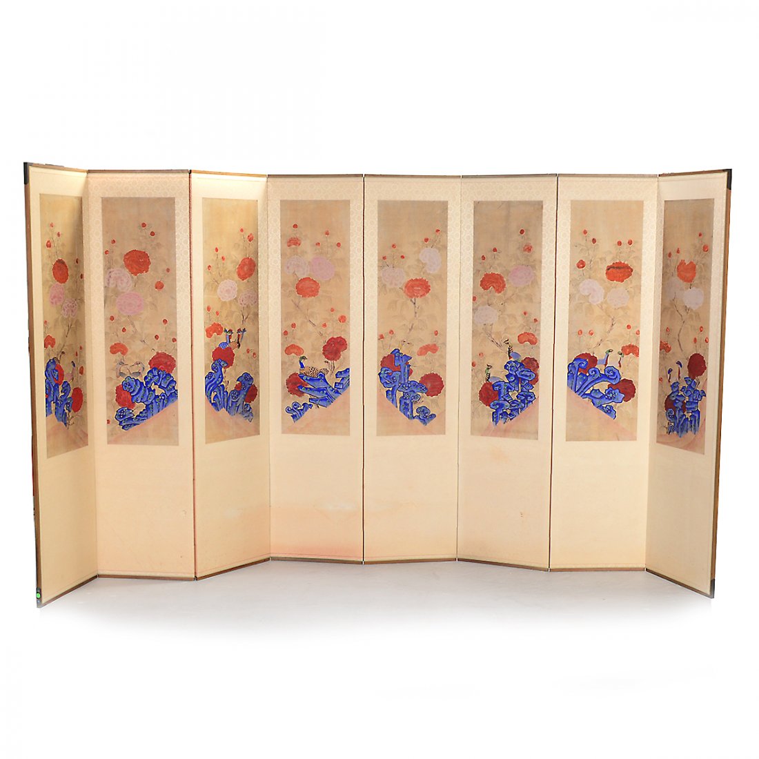 19th Century Korean, Late Chosen Period Peony Screen: 19th Century Korean, Late Chosen Period Peony Folding Screen. Ink and color on paper, comprising eight panels similarly painted with birds, peony flowers, and gnarled rocks. {Height x width of each im
