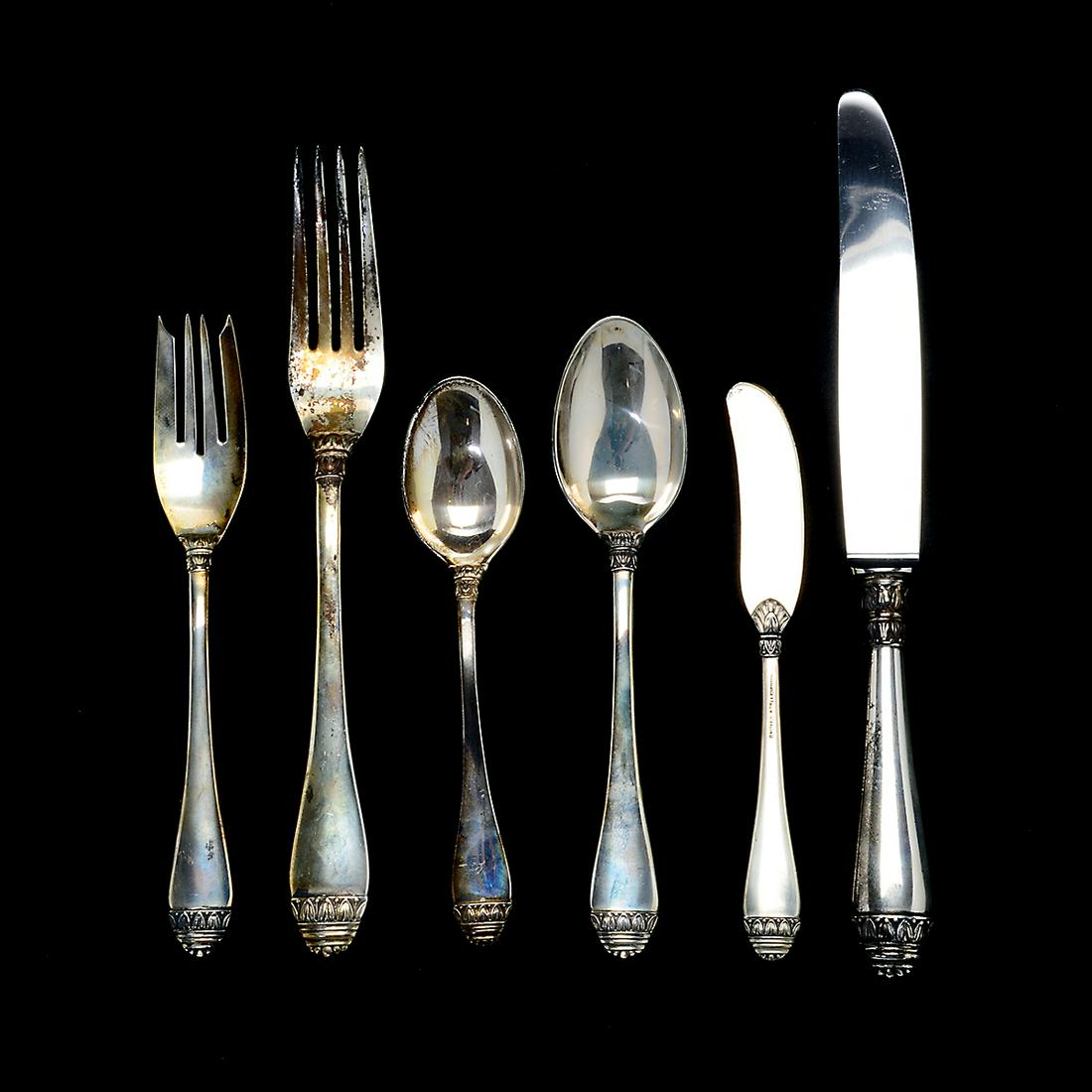 Buccellati French Empire Pattern Sterling Silver: Buccellati French Empire Pattern Sterling Silver Flatware Set. Comprising 6 dinner knives, 6 dinner forks, 6 salad forks, 6 oval soup spoons, 6 teaspoons, and 6 butter knives. (36 pieces total). Marke