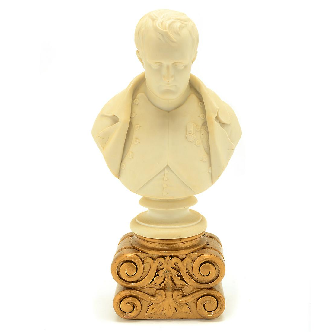 Copeland Parian Porcelain Bust of Napoleon.: Copeland Parian Porcelain Bust of Napoleon. Sold together with an unrelated carved gilt wood stand. 'Copeland' to the bust verso. {Approximate dimensions not including the stand: 11 high x 7 5/8 wide 