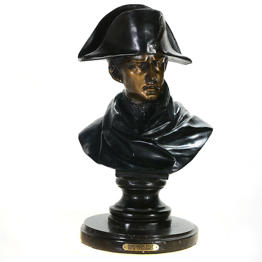Brass Bust of Napoleon on Marble Base, with Plaque: Brass Bust of Napoleon on Marble Base, with Plaque Inscribed 'By R. Colombo' Brass face with ebonized brass clothing and pedestal. {Approximate dimensions: 25 high x 14 inches wide.}. Condition: Some