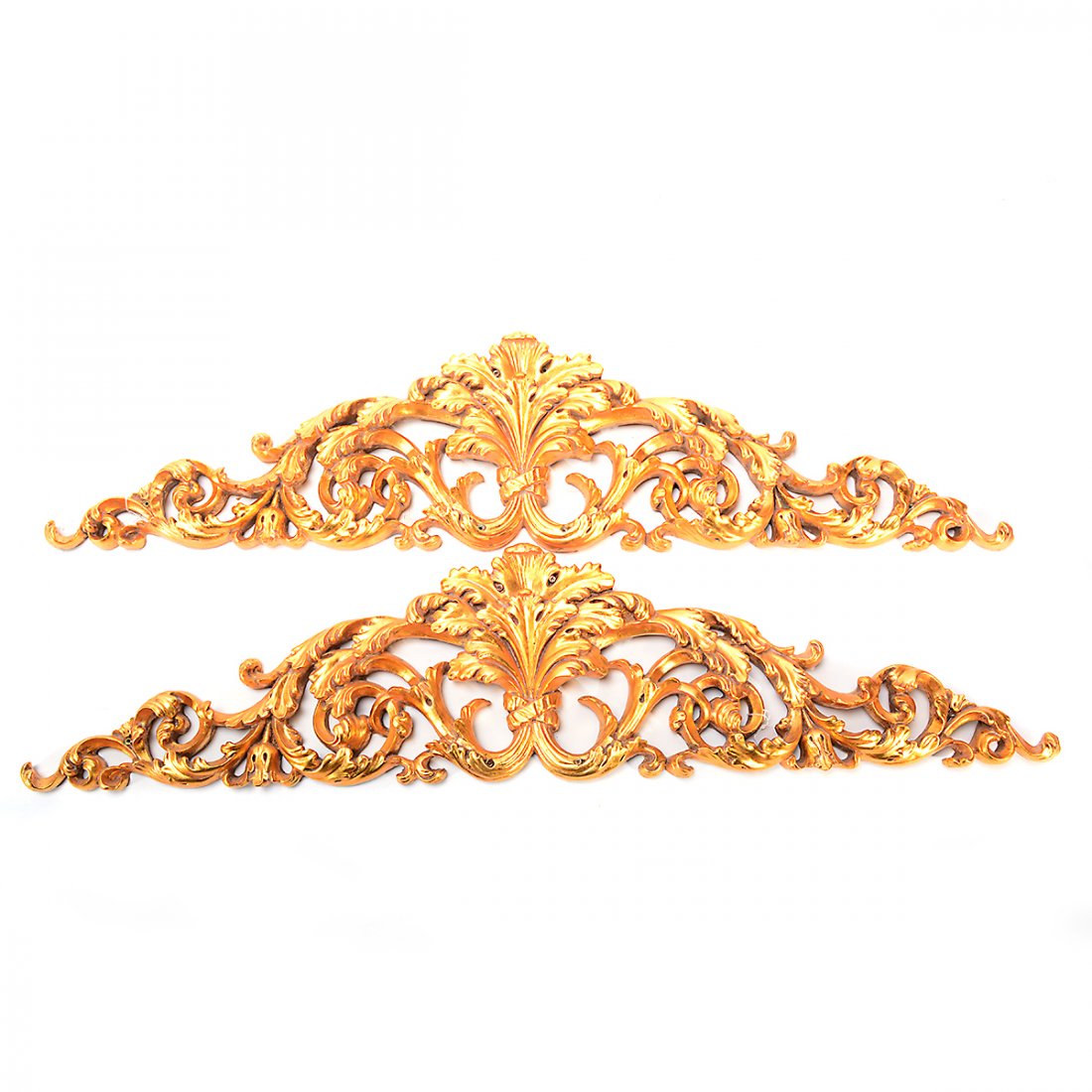 Pair of Rococo Style Carved Giltwood Acanthus Wall: Pair of Rococo Style Carved Giltwood Acanthus Wall Decorations. Made in China sticker. {Approximate dimensions: 12 high x 50 inches wide.}. Condition: Very minor wear overall.