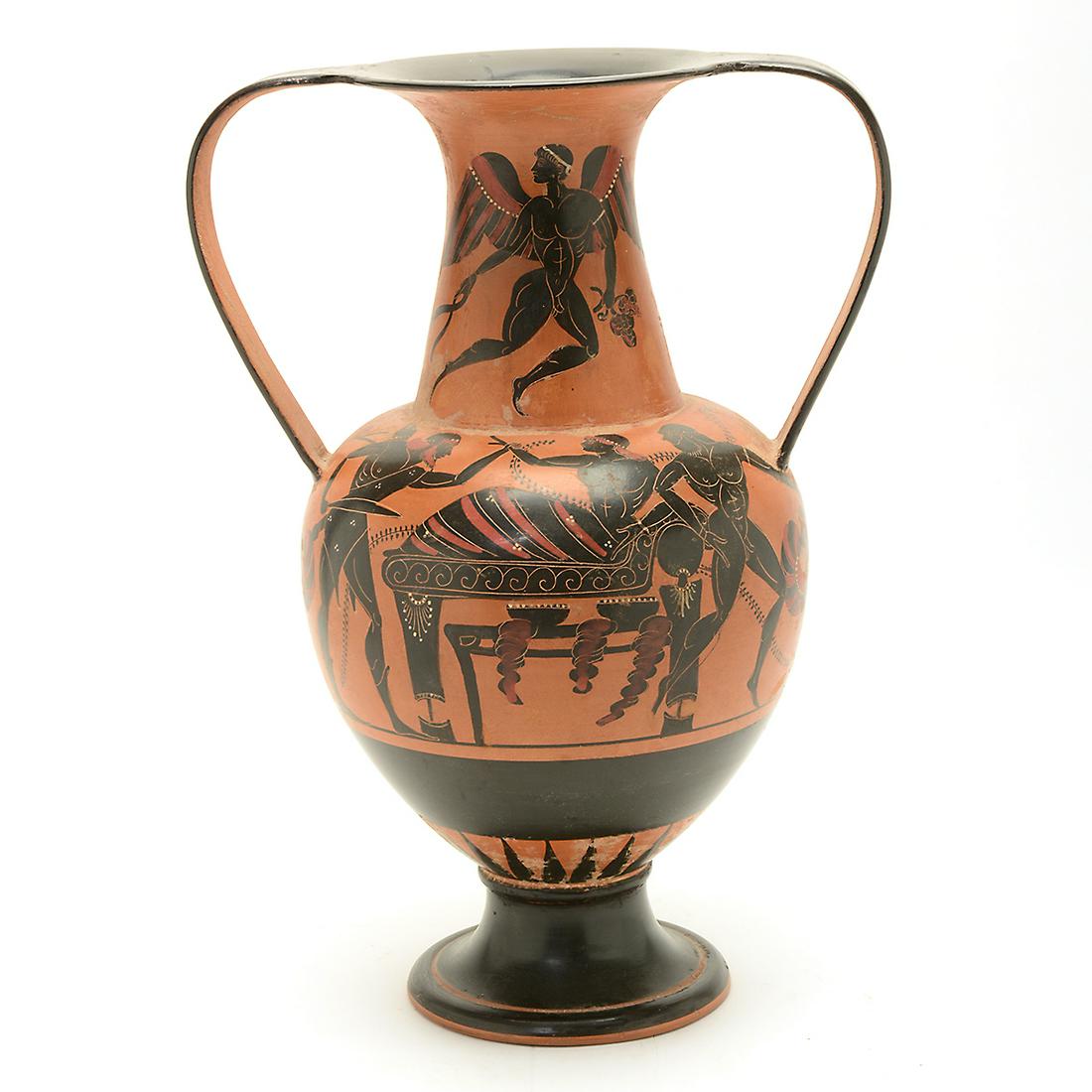 Ancient Greek Attic Style Amphora.: Ancient Greek Attic Style Amphora. Decorated with mythological scenes in black and red. {Approximate dimensions: 16 1/4 high x 11 3/4 wide x 8 inches deep.}. Condition: Repairs are apparent throughout