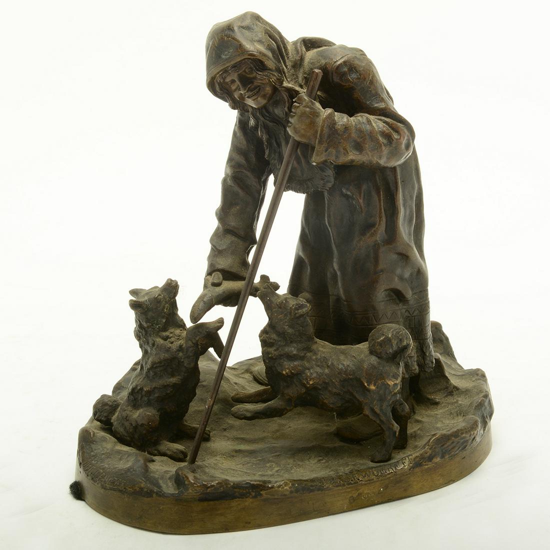 Fabr C.F. Woerffel "Woman with Dogs" Bronze, Signed in: Vassili Yacovlevitch Grachev "Woman with Dogs" Bronze. Grachev (Russian, 1831-1905). Cast by C.F. Woerffel. Signed in cyrillic with foundry stamp. {Approximate dimensions: 7 inches high.}. Condition: