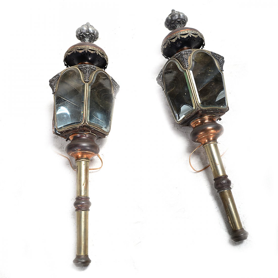 Pair of Copper and Mixed Metal Victorian Style: Pair of Copper and Mixed Metal Victorian Style Lanterns. In the style of a 19th century street lantern, missing the stems; beveled glass panes; electrified. {Approximate dimensions: 40 inches high x 8