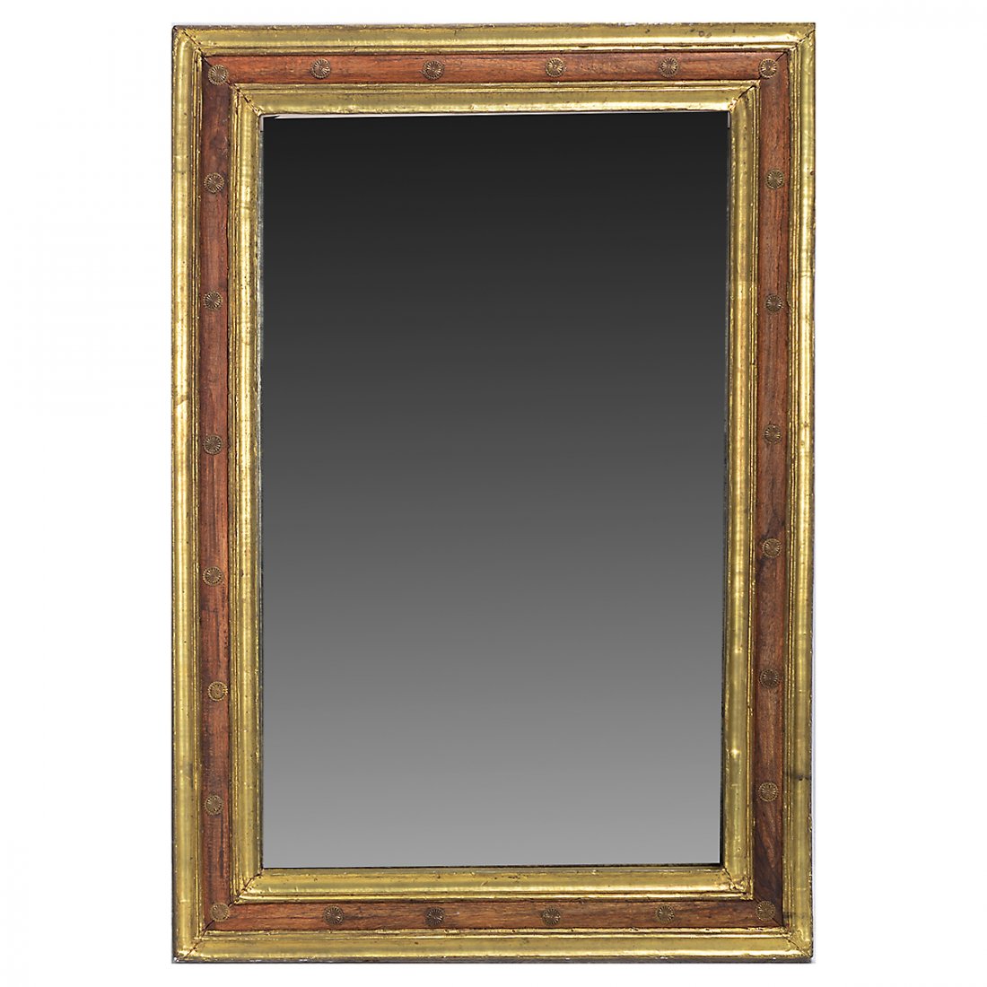 Brass Mounted Wood Frame Mirror.: Brass Mounted Wood Frame Mirror. Accented with brass rosettes. {Approximate dimensions: 27 high x 39 inches wide.}. Condition: Patina to the brass, some wear throughout.