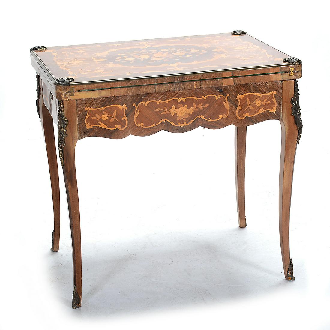 Louis XVI Style Marquetry Inlaid Flip Top Games Table: Louis XVI Style Marquetry Inlaid Flip Top Games Table (with losses). The top opens to reveal a green felt surface; floral marquetry inlay throughout. {Approximate dimensions: 30 high x 31 1/2 wide x 2