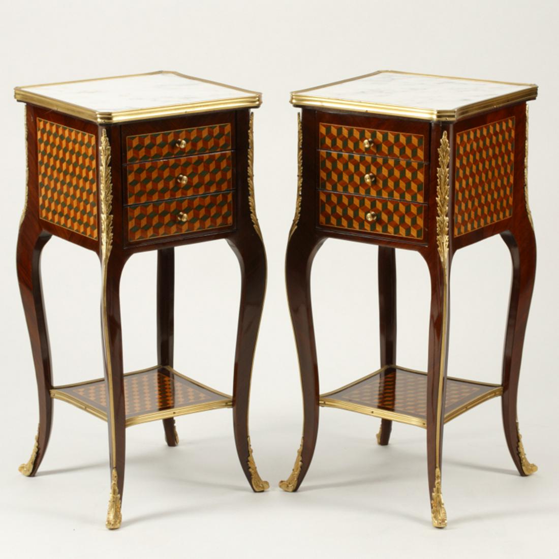 Pair of Louis XV Style Marquetry Inlaid Three Drawer: Pair of Louis XV Style Marquetry Inlaid Three Drawer Nightstands. With inset white marble tops; three drawers. {Approximate dimensions: 31 high x 14 inches wide and deep.}. Condition: Very light wear 