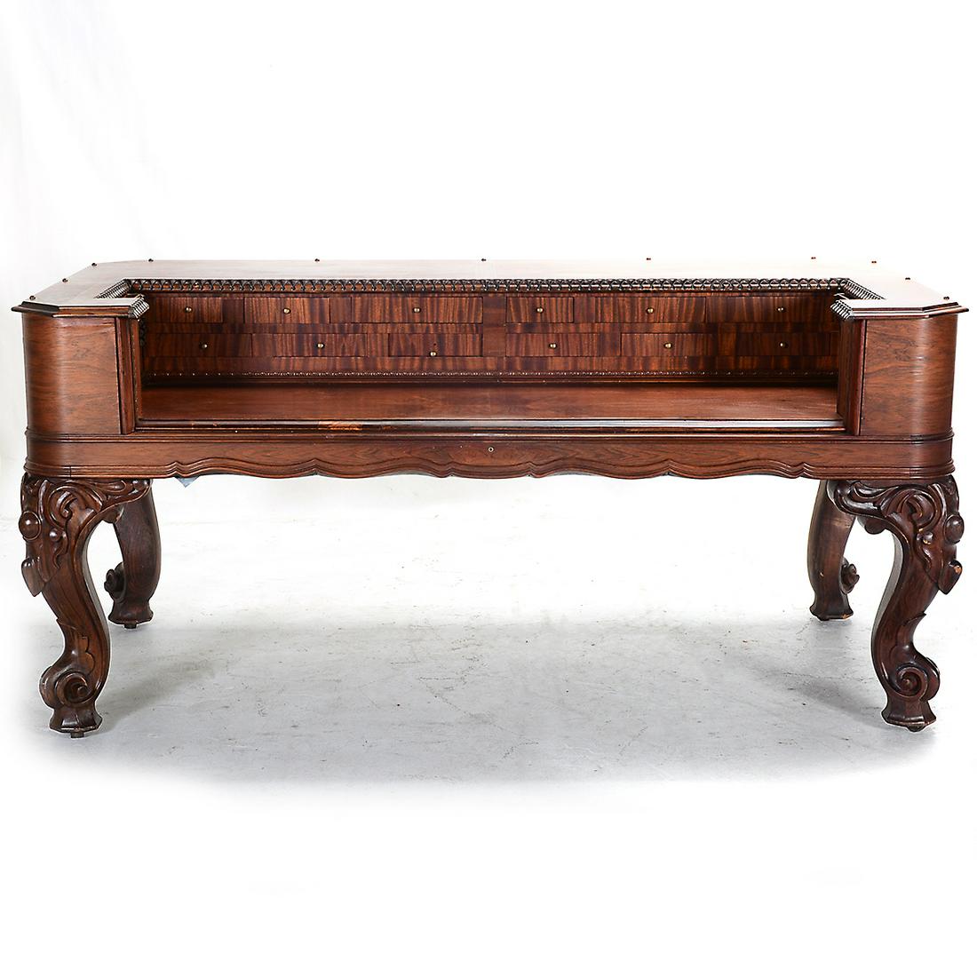 Square Rococo Style Mahogany Piano Converted to Desk.: Square Rococo Style Mahogany Piano Converted to Desk. On thick cabriole legs with scrolled feet. {Approximate dimensions: 38 1/2 high x 82 wide x 43 inches deep.}. Condition: Light surface wear, fadin