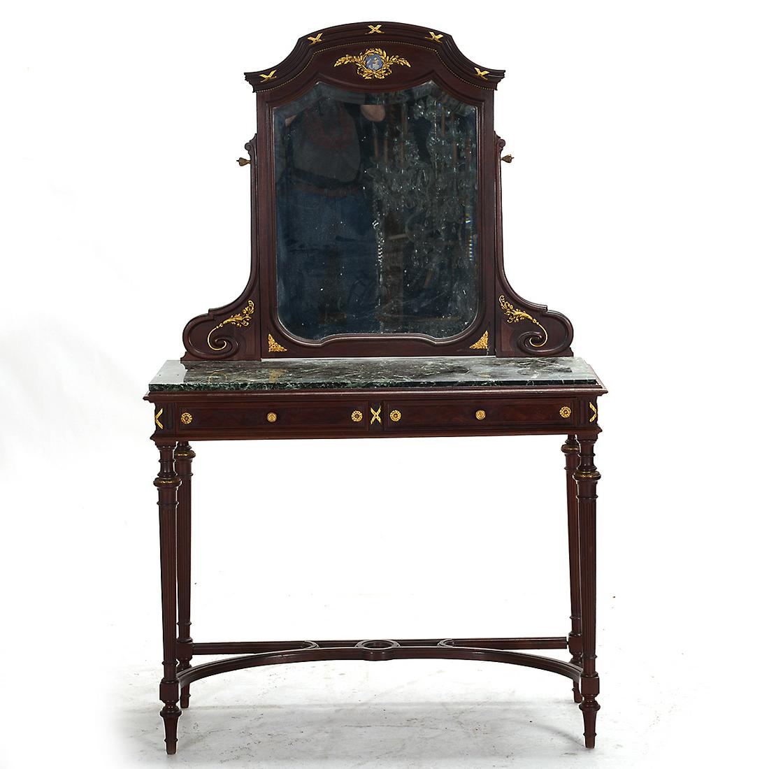 Empire Style Vanity with Tilting Mirror.: Empire Style Vanity with Tilting Mirror. Green marble top; two drawers; gilt metal mountings, and a jasperware plaque to the mirror. {Approximate dimensions: 64 high x 39 1/4 wide x 16 1/2 inches deep
