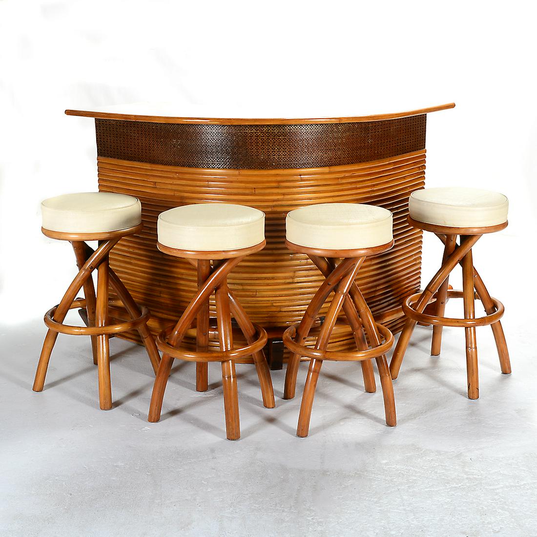Art Moderne Rattan Tiki Bar and Four Stools.: Art Moderne Rattan Tiki Bar and Four Stools. Attributed to Paul Laszlo; the bar with white formica top and side panels; the stools with white textured vinyl upholstery. {Approximate dimensions: Bar 41
