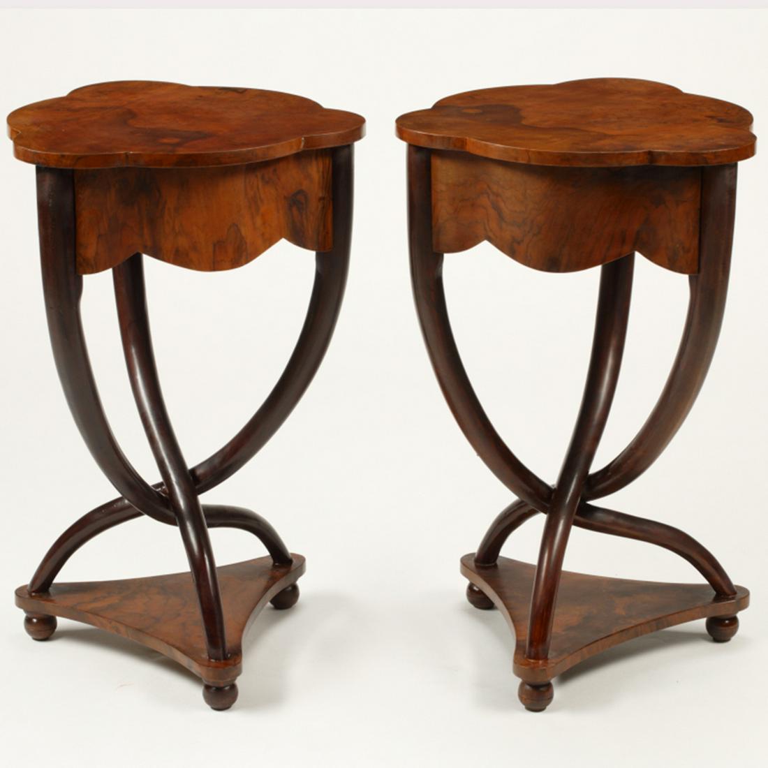 Pair of Biedermeier Style Triangular Single Drawer: Pair of Biedermeier Style End Tables. Each with a single drawer. {Approximate dimensions: 28 1/2 high x 17 3/4 inches diameter.}. Condition: Very light wear overall.