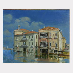 Lucio Sollazzi "Le Grand Canal- Venice" oil on board: LUCIO SOLLAZZI (Italian b. 1925) "Le Grand Canal, Venice" Oil on board. 15 3/4 x 19 5/8 inches; Frame: 27 x 31 inches. Signed lower right: Sollazzi. Gallery label from Monaco Fine Arts: Sporting D'Hiv