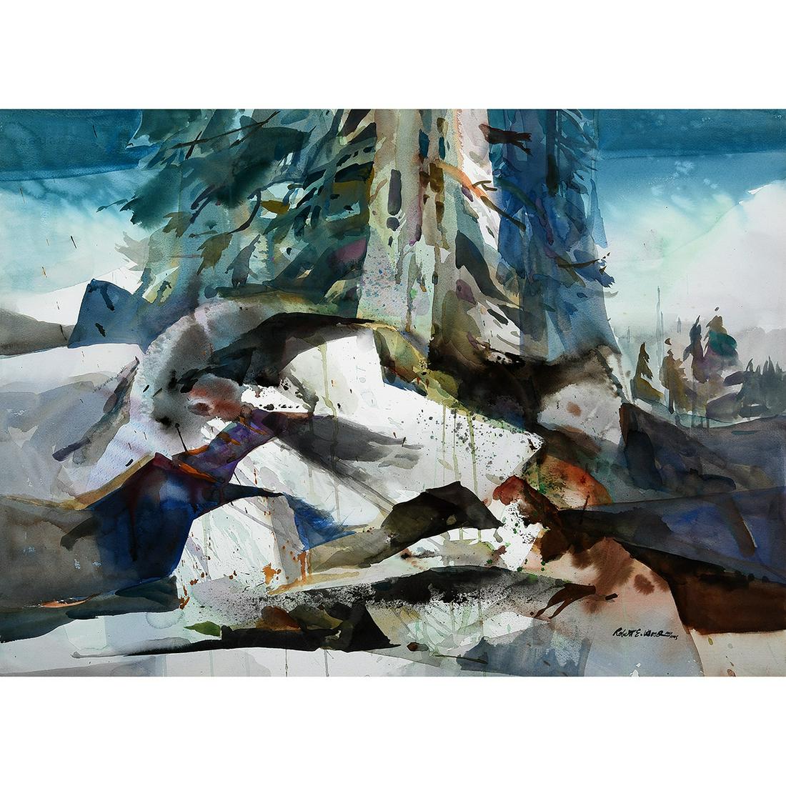 Robert E. Wood "Forest Textures" watercolor: ROBERT EARLE WOOD (American 1926-1999) "Forest Textures" Watercolor. Sight: 21 3/8 x 29 1/4 inches; Frame: 29 1/8 x 37 1/8 inches. Signed lower right: Robert E. Wood, AWS. Inscribed verso on the backi