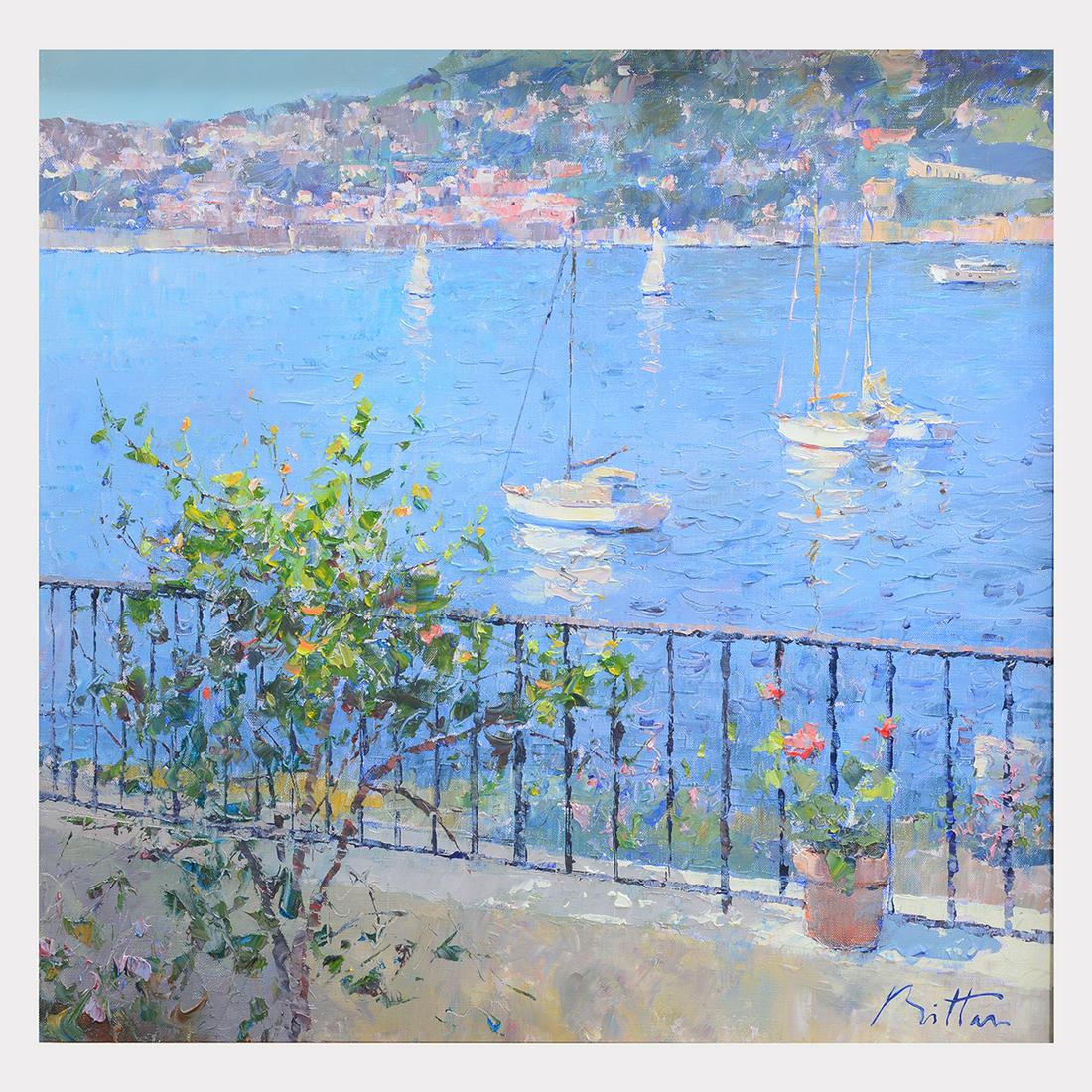 Pierre Bittar "Les Trois Voiliers" oil on canvas: PIERRE BITTAR (French b. 1934) "Les Trois Voiliers" Oil on canvas. 23 3/4 x 23 5/8 inches; Frame: 27 1/8 x 27 1/8 inches. Signed lower right: Bittar; signed and titled verso top stretcher bar: P. Bitt