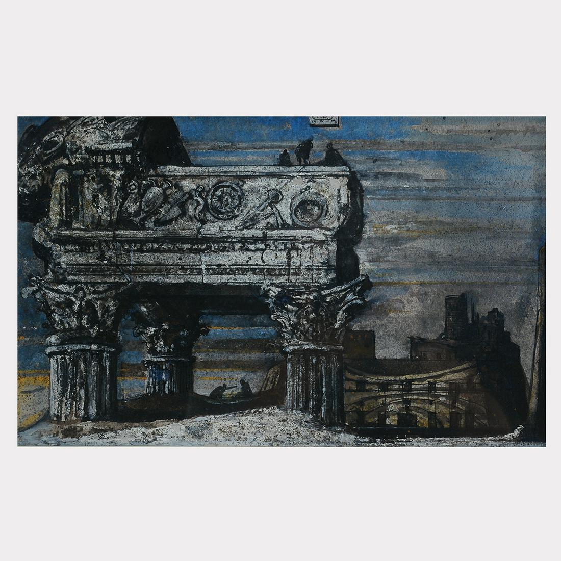 Eugene Berman "Roman Nocturne" mixed media on paper: EUGENE BERMAN (Russian / American 1899-1972) "Roman Nocturne" Mixed media on paper (watercolor, ink, gouache and oil). Sight: 9 3/8 x 15 1/2 inches; Frame: 19 1/4 x 25 3/4 inches. Signed with initials