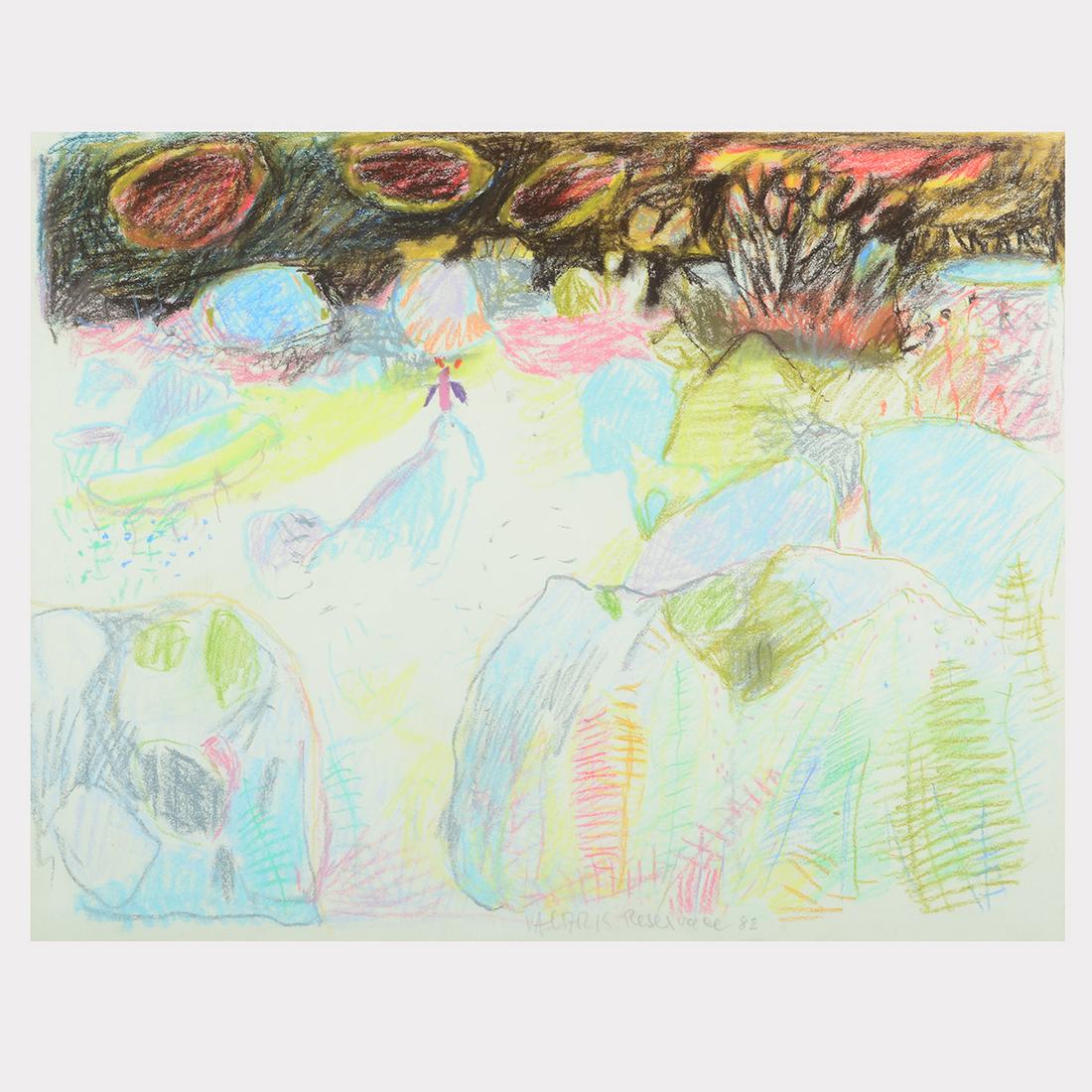 Ivan Ouhel "Indian Reservation" pastel on paper: IVAN OUHEL (Czech b. 1945) "Indian Reservation" Pastel on paper. Sight: 17 5/8 x 22 1/2 inches; Frame: 19 3/8 x 24 3/8 inches. Titled and dated bottom center in Czech.