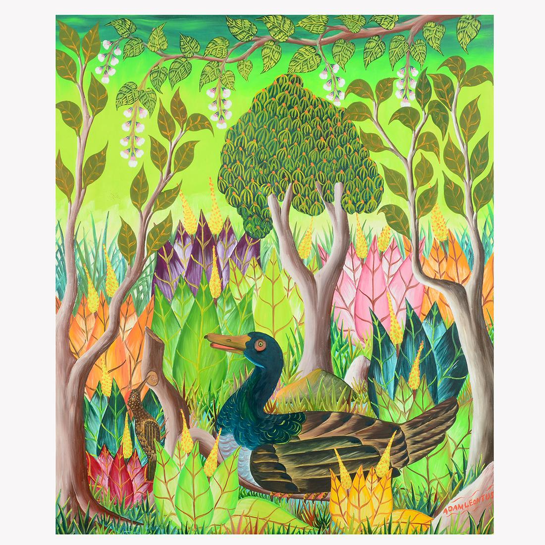 Adam Leontus "Duck" oil on masonite: ADAM LEONTUS (Haitian 1928-1986) "Duck in a Landscape" Oil on masonite. 24 1/8 x 20 inches; Frame: 26 3/8 x 22 5/8 inches. Signed lower right: Adam Leontus.