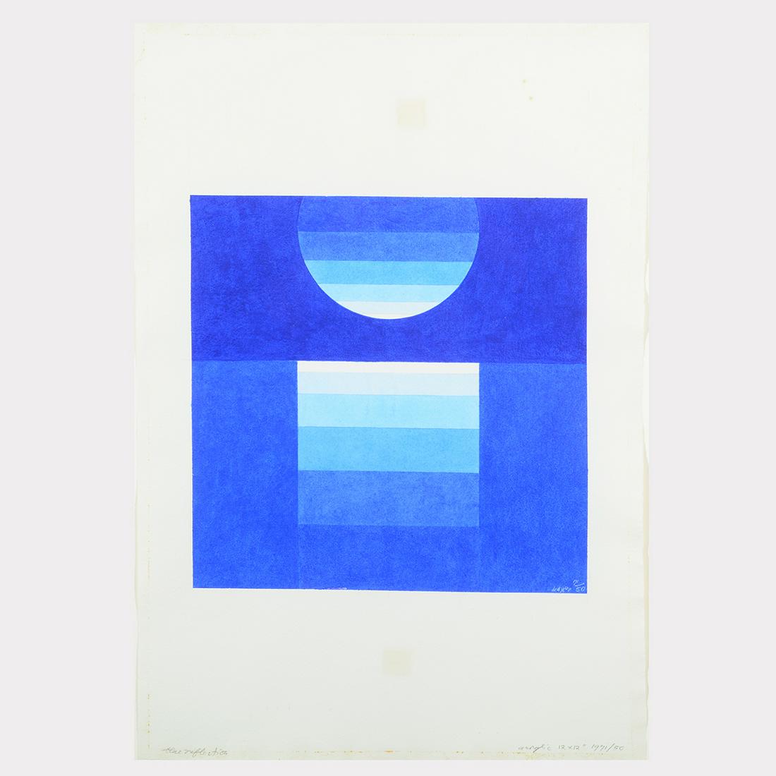 Herbert Bayer "Blue Reflection" acrylic on paper: HERBERT BAYER (American / Austrian 1900-1985) "Blue Reflection" Acrylic on paper. Image: 12 x 12 inches; Sheet: 22 1/4 x 15 3/8 inches; Frame: 24 1/4 x 20 3/8 inches. Signed and dated lower right in t