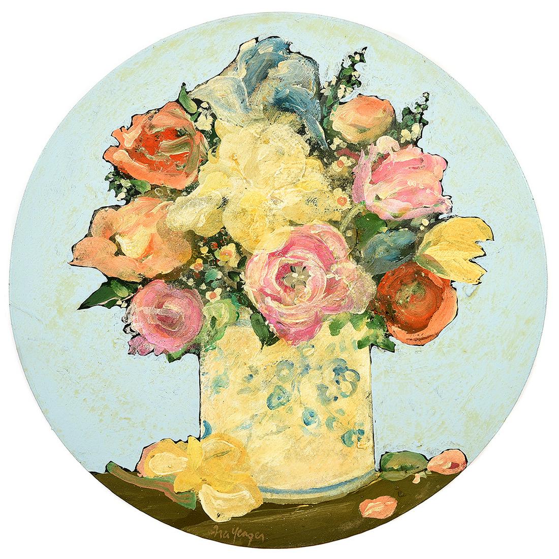 Ira Yeager "Floral Still Life" oil on canvas: IRA YEAGER (American b. 1938) "Floral Still Life" Oil on round canvas. 17 1/2 x 17 1/2 inches. Signed bottom center: Ira Yeager. CONDITION: In overall good condition, when examined under black light t