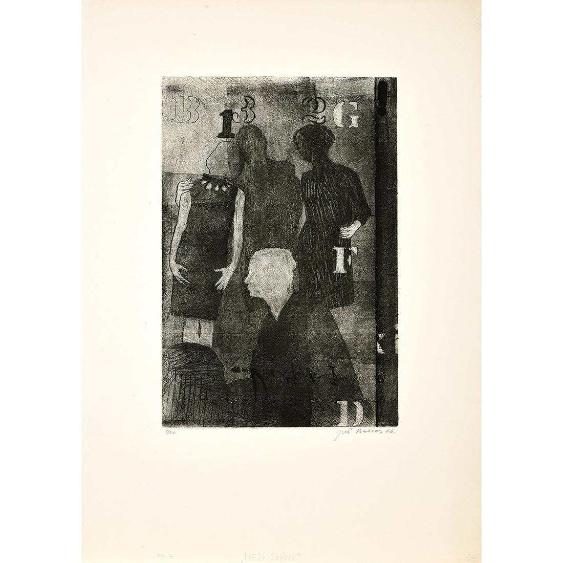 Jiri Balcar "Mezi Suymi (Among us)" etching: JIRÃ• BALCAR (Czechoslovakian 1929-1968) "Mezi Suymi" (Among us) Etching. Sheet: 21 1/4 x 14 1/2 inches. Signed and dated lower right: Jiri Balcar 66 and numbered lower left: 8/20. Titled in Czech 
