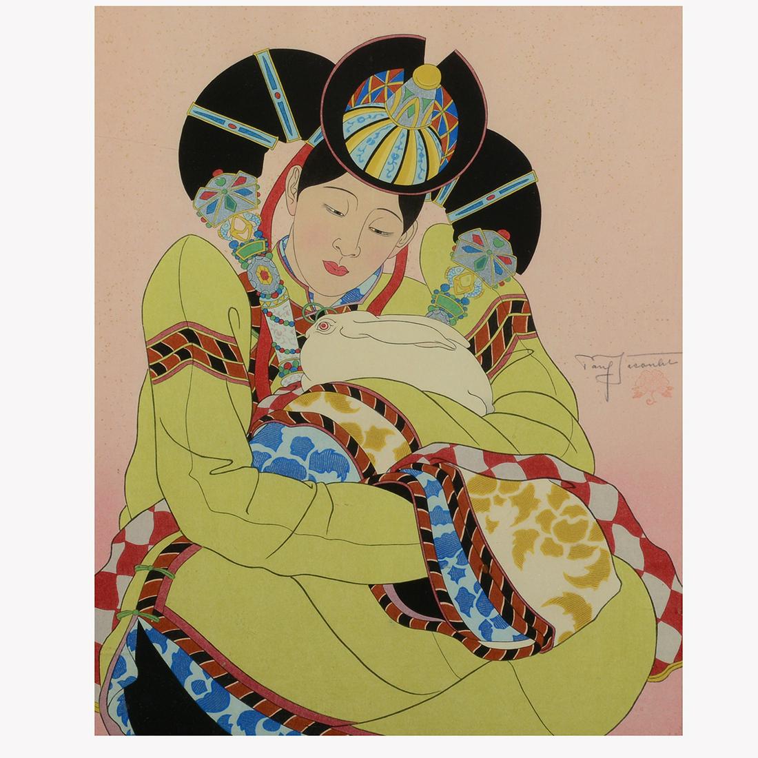 Paul Jacoulet "Le Remplacant" woodblock: PAUL JACOULET (French 1902-1960) "Le Remplacant" (Mongole) Woodblock print. Sheet: 16 3/8 x 12 7/8 inches; Frame: 24 1/4 x 20 3/4 inches. Pencil signed with artist stamp right edge center: Paul Jacoul