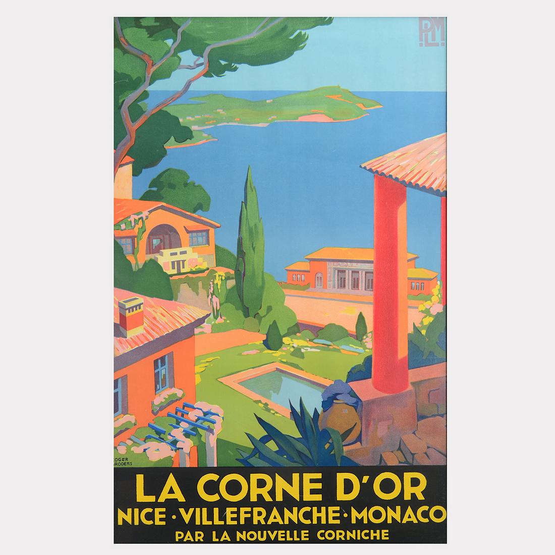 Roger Broders "La Corne d'or" lithograph poster: ROGER BRODERS (French 1883-1953) "La Corne d'Or: Nice, Villefranche, Monaco" Lithograph poster. Sight: 39 1/4 x 24 5/8 inches; Frame: 40 5/8 x 26 1/4 inches. Signed in the image lower left quadrant: R
