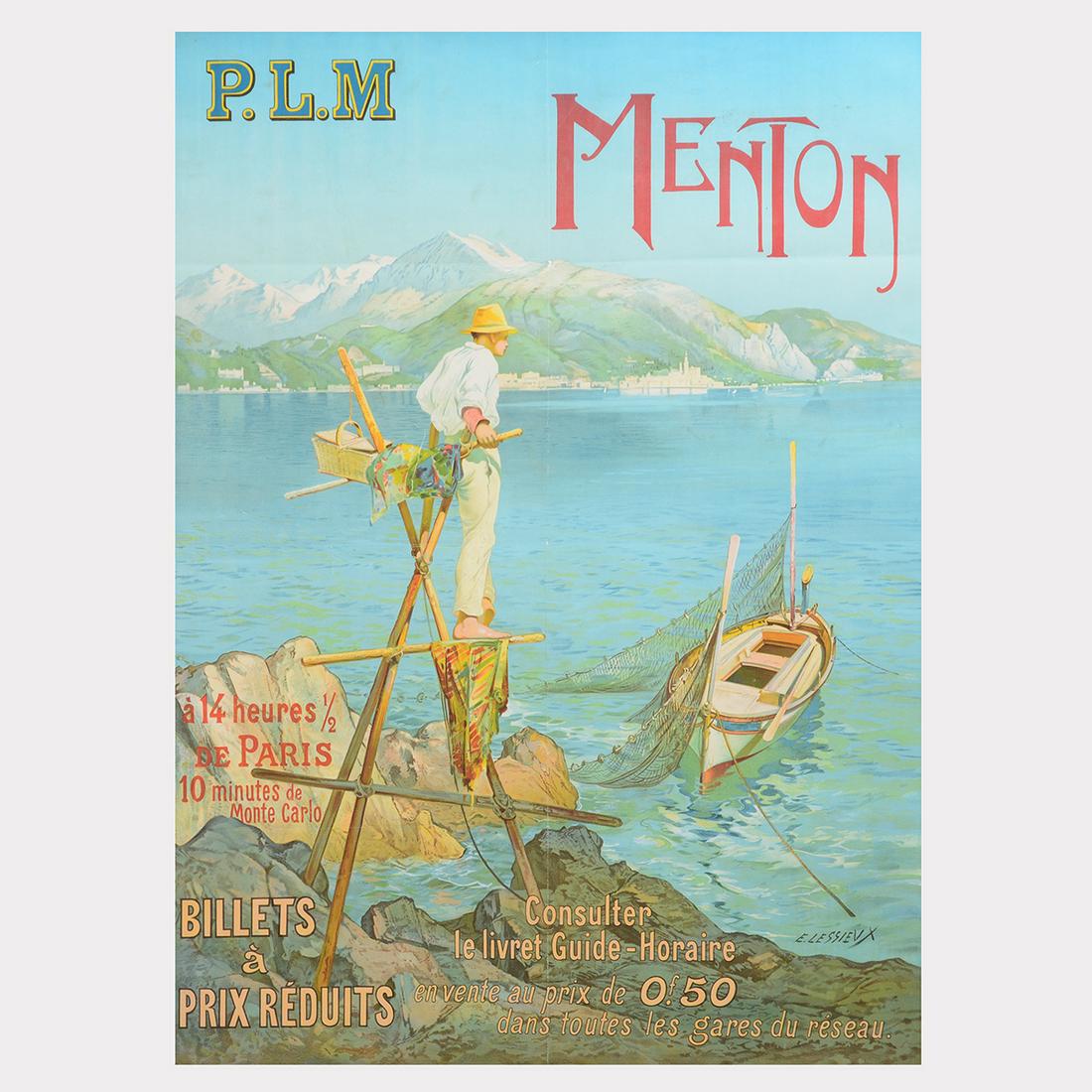 Ernest-Louis Lessieux "PLM Menton" lithograph poster: ERNEST-LOUIS LESSIEUX (French 1848-1925) "PLM, Menton" Lithograph poster. Sight: 41 x 29 1/2 inches; Frame: 45 1/4 x 34. Signed in the image lower right: E. Lessieux; Printed and published by Ch. Vern