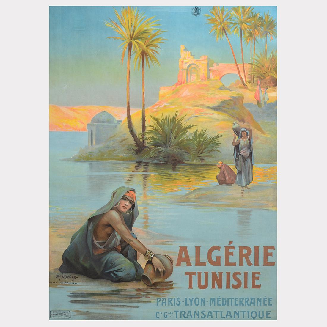 Ernest-Louis Lessieux "Algérie Tunisie" litho poster: ERNEST-LOUIS LESSIEUX (French 1848-1925) "PLM & Cie Gale Transatlantique. Algérie, Tunisie" Lithograph poster. Sheet: 41 1/8 x 29 3/8 inches; Frame: 48 5/8 x 36 5/8 inches. Signed in the image lower 