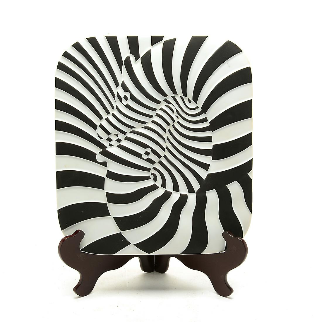 Vasarely for Rosenthal Cased Zebra Plaque.: Vasarely for Rosenthal Cased Zebra Plaque. Victor Vaserely (Hungary, 1906 - Paris, 1997). Op-Art porcelain plaque. Plaque marked 'Limitierte Kunstreihen, Rosenthal, Studio-Linie, Germany, Rosenthal Ja