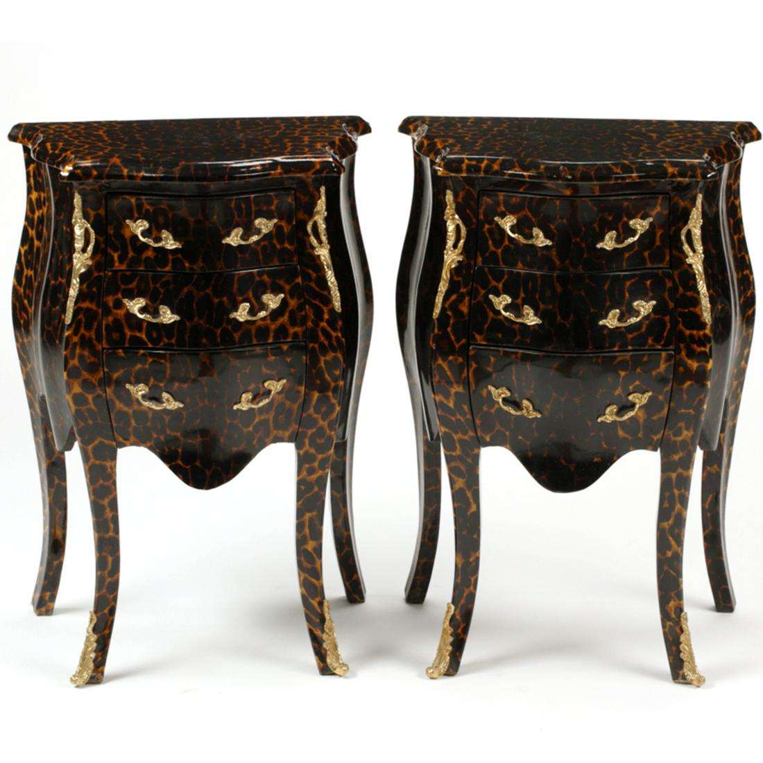 Pair of Louis XV Style Three Drawer Nightstands with: Pair of Louis XV Style Three Drawer Nightstands with Bronze Mounts. Painted laminate leopard print finish; three drawers. {Approximate dimensions: 29 high x 20 1/2 wide x 13 inches deep.}. Condition: 