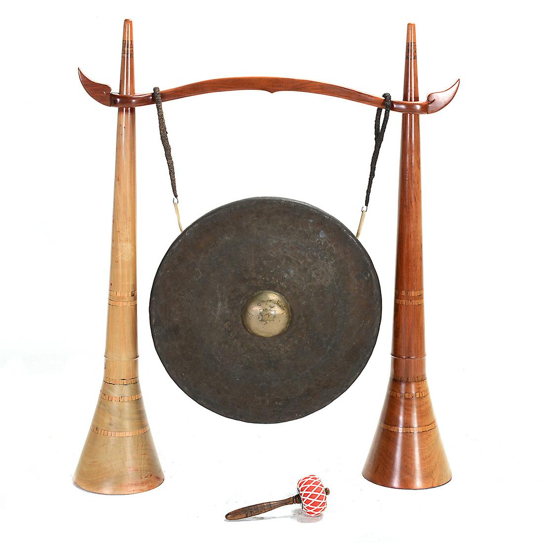 Asian Bronze Floor Gong on Teak Wood Stand.: Asian Bronze Floor Gong on Teak Wood Stand. With mallet. {Approximate dimensions: 59 high x 47 1/4 wide x 11 inches deep.}. Condition: Very light wear.