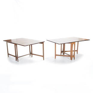 Pair of Mid-Century Modern Bendt Winge for Klepp: Pair of Mid-Century Modern Bendt Winge for Klepp Drop-Leaf Tables. When closed, the tables can be joined with detachable wood bard to look like one piece; this board can be removed alllowing each tabl