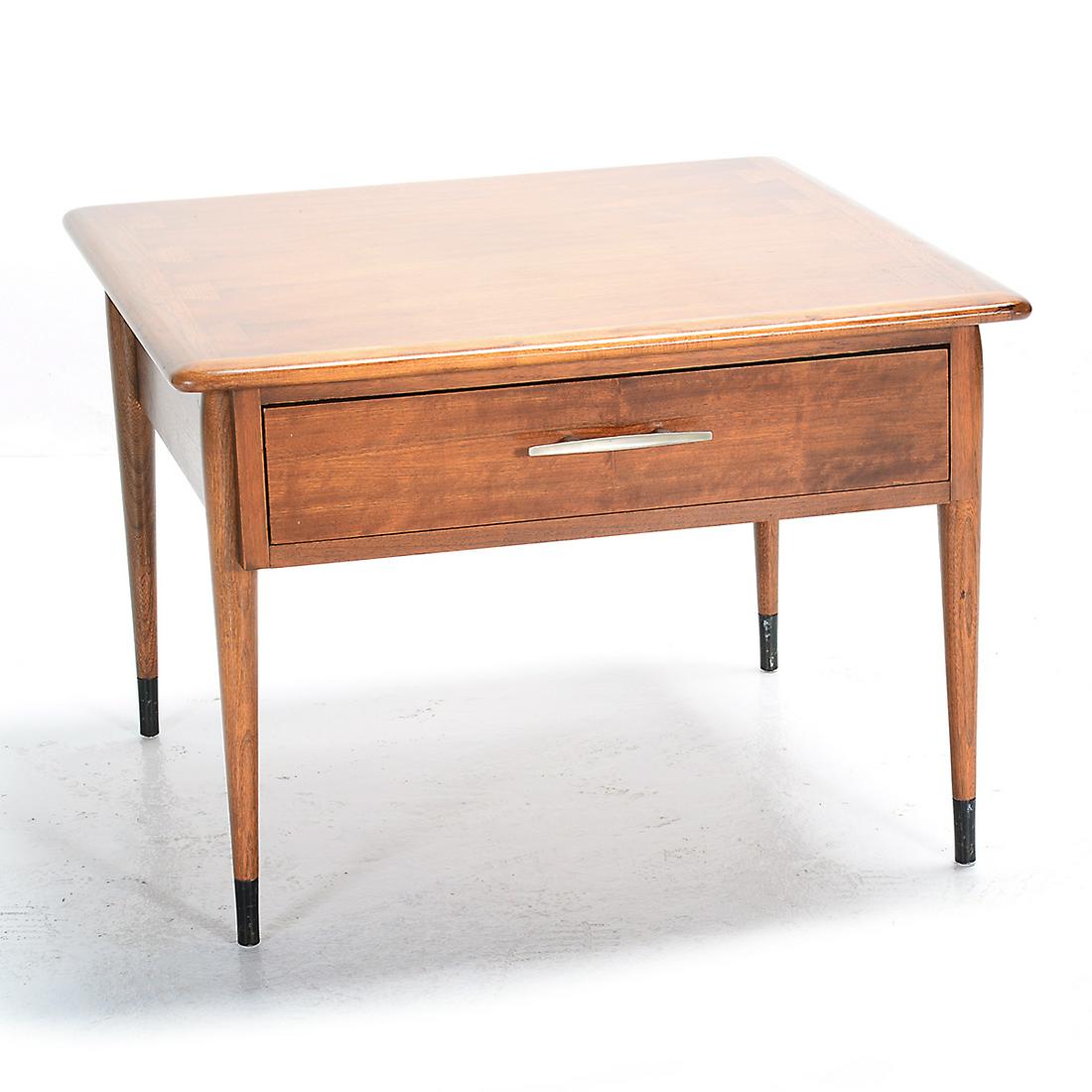 Andre Bus for Lane Acclaim Series End Table.: Andre Bus for Lane Acclaim Series End Table. Dovetailed top; single drawer; round tapered legs with black capped feet. Lane markings to underside and drawer interior. Circa 1960. {Approximate dimensio