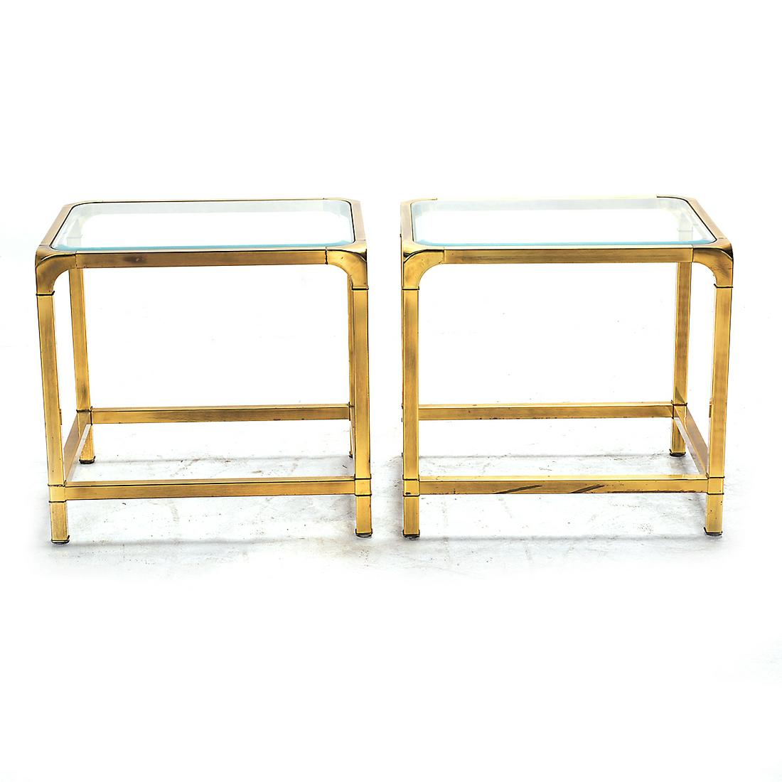 Pair of Brass Square Side Tables with Beveled Glass: Pair of Brass Square Side Tables with Beveled Glass Tops. Curved corners. {Approximate dimensions: 24 1/2 high x 26 1/4 wide x 22 1/4 inches deep.}. Condition: Some patina and surface wear to the bras