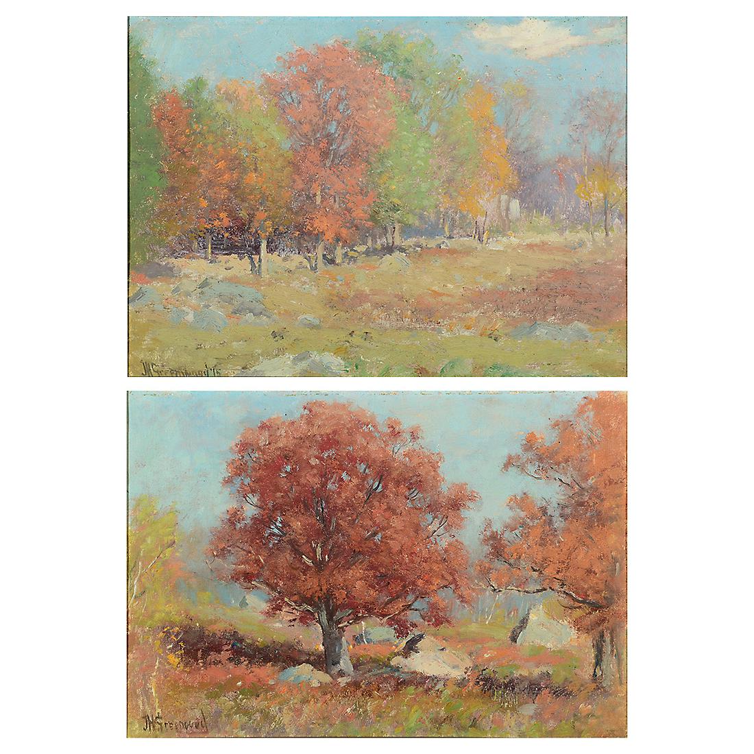 Joseph Greenwood 2 "Fall landscape" oil on board: JOSEPH H. GREENWOOD (American 1857-1927) "Fall Trees with Rocks" and "Fall Tree Landscape" oil on board 10 3/4 x 15 1/8 inches; Frame: 13 3/8 x 17 1/2 inches. 10 3/8 x 14 inches; Frame: 14 1/8 x 17 3/