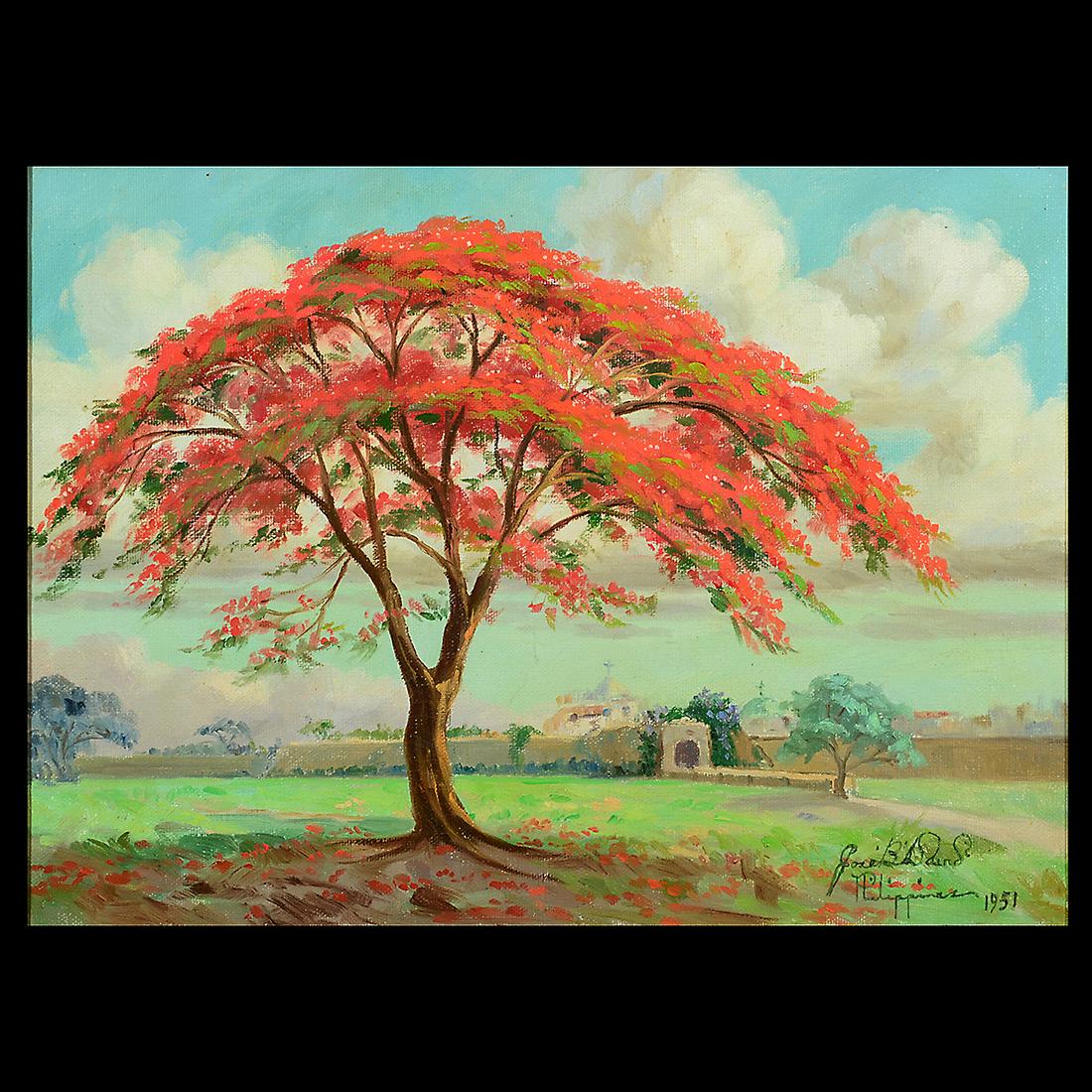 Jose David "Red Tree" Oil on Canvas.: JOSE B. DAVID (Filipino 1909-1990) Red Tree, oil on canvas 11 3/4 x 16 inches; Frame: 13 x 17 inches. signed and dated lower right: 'Jose B. David / Philippines 1951' Philippine Education Co,, Inc lab