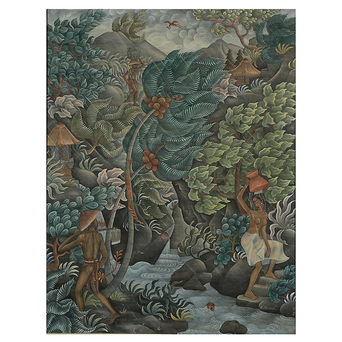 Dewa Putu Bedil "Village in the Rain" acrylic on canvas: DEWA PUTU BEDIL (Indonesian 1921-1999) Village in the Rain, acrylic on canvas 27 7/8 x 21 inches; frame: 32 1/2 x 25 1/2 inches signed lower right: 'D Putu Bedil'